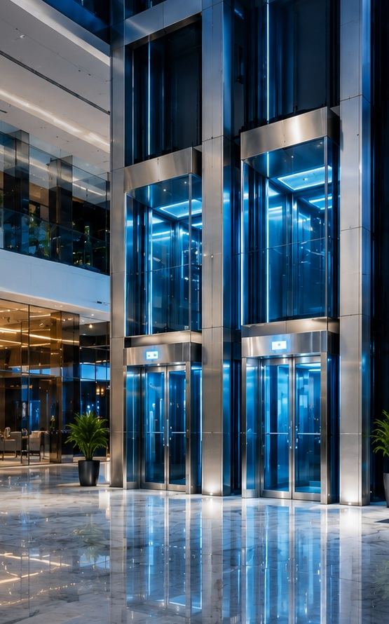 Blue-lit modern passenger elevators