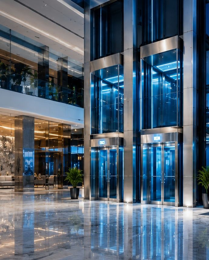 Premium elevator lobby with modern passenger elevators